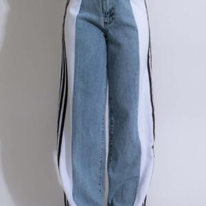 000606E4-9920-4B7F-9Fdb-8D997E0Fef2C.jpg 2024 Fashion Casual High Waist Elastic Straight Leg Trousers Three Stripe Patchwork Denim Wide Leg Pants Streetwear