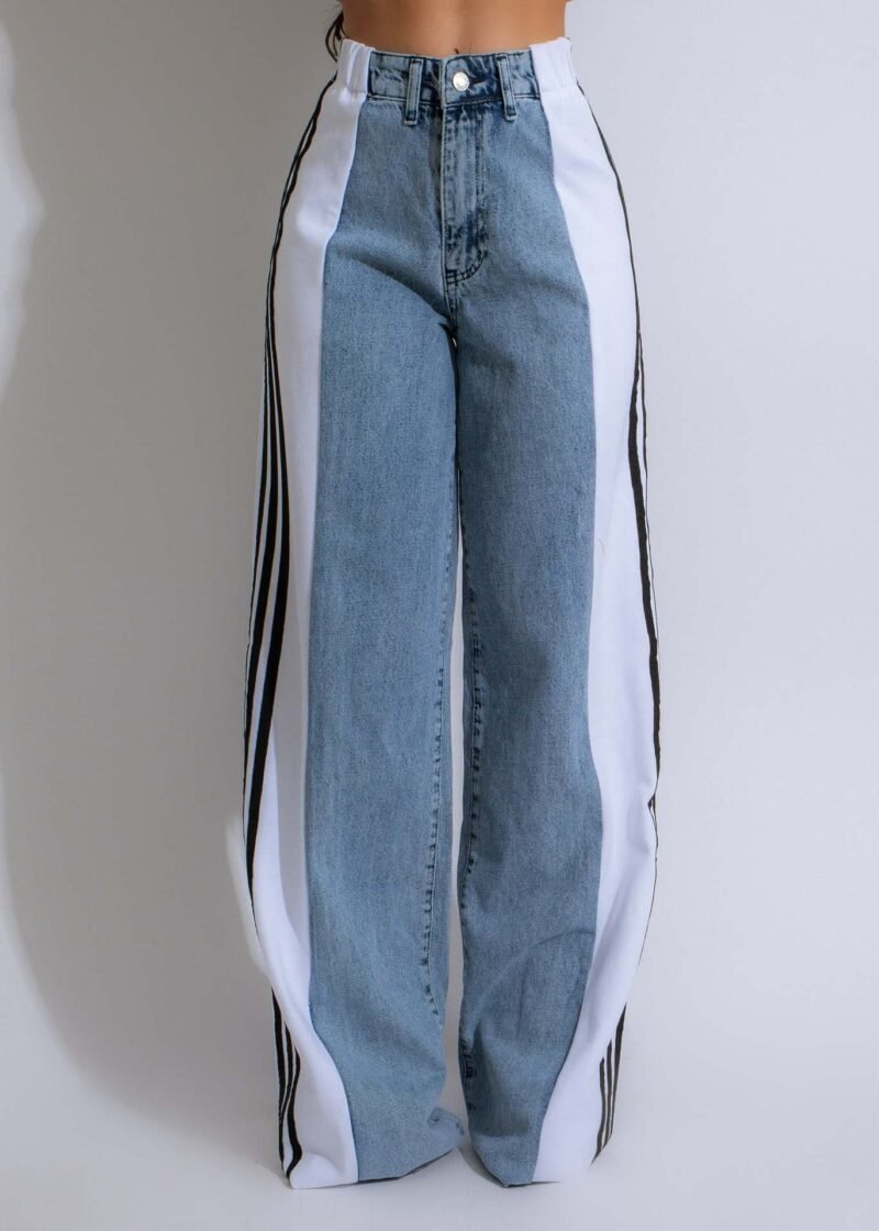 000606E4-9920-4B7F-9Fdb-8D997E0Fef2C.jpg 2024 Fashion Casual High Waist Elastic Straight Leg Trousers Three Stripe Patchwork Denim Wide Leg Pants Streetwear