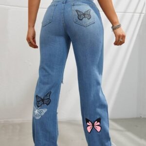 High Waisted Straight Leg Jeans For Women Trendy Butterfly Print Ripped Distressed Denim Pants