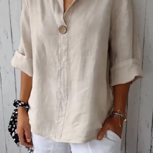 040266F7-15C1-4502-B99F-9023593Af048.Jpg V-Neck Long-Sleeved T-Shirt Fashion Loose Cotton And Linen Button Tops For Women