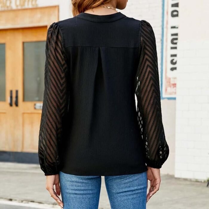 Womens Casual Lace Long Sleeve Chiffon Shirts Dressy Casual V Neck Blouses Business Work Tops - Image 9