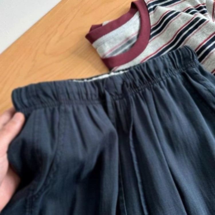 Blue Elastic Waistband Lace-Up Cotton Linen Wide-Leg Pants