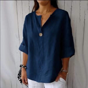 09164E98-9C7E-4Eb0-8A4E-4F6C97091De4.Jpg V-Neck Long-Sleeved T-Shirt Fashion Loose Cotton And Linen Button Tops For Women