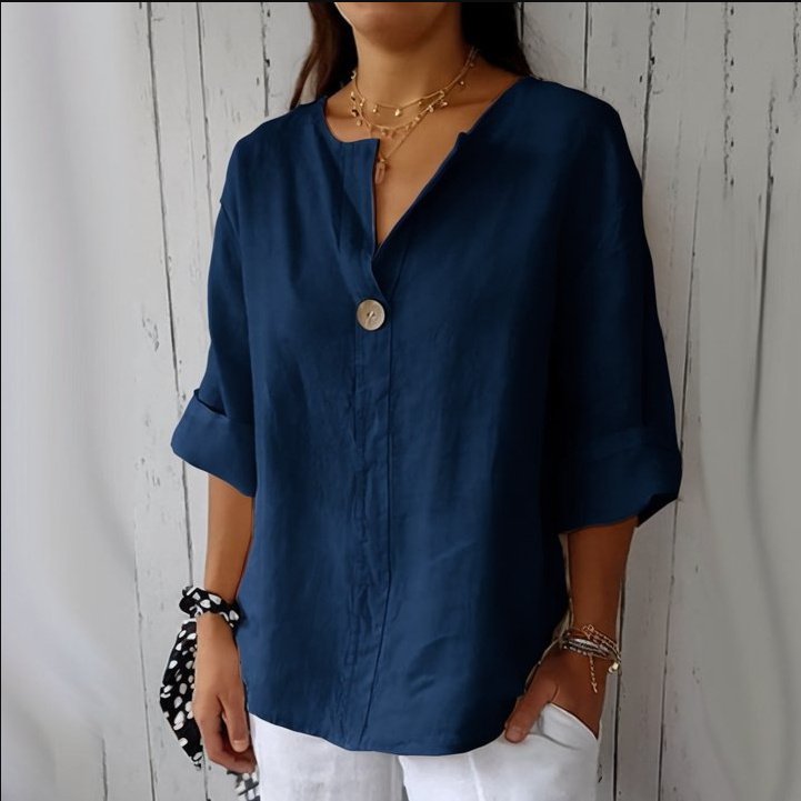 09164E98-9C7E-4Eb0-8A4E-4F6C97091De4.Jpg V-Neck Long-Sleeved T-Shirt Fashion Loose Cotton And Linen Button Tops For Women