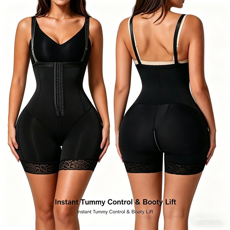 Women'S Faja Bodysuit With Tummy Control, High Compression Waist Trainer Shapewear, Seamless Body Shaper With Lace Trim, Adjustable Straps, Zipper Crotch