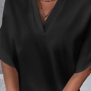Lightweight Solid Color Notch Neck Blouse - Stylish Short Split Sleeves For Spring &Amp; Summer - Trendy Womens Casual Top