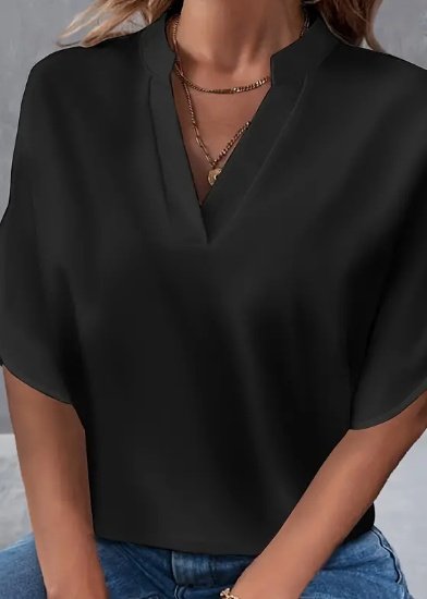 Lightweight Solid Color Notch Neck Blouse - Stylish Short Split Sleeves For Spring &Amp; Summer - Trendy Womens Casual Top