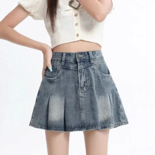 Retro Denim Skirt Summer A- Line Pleated Skirt