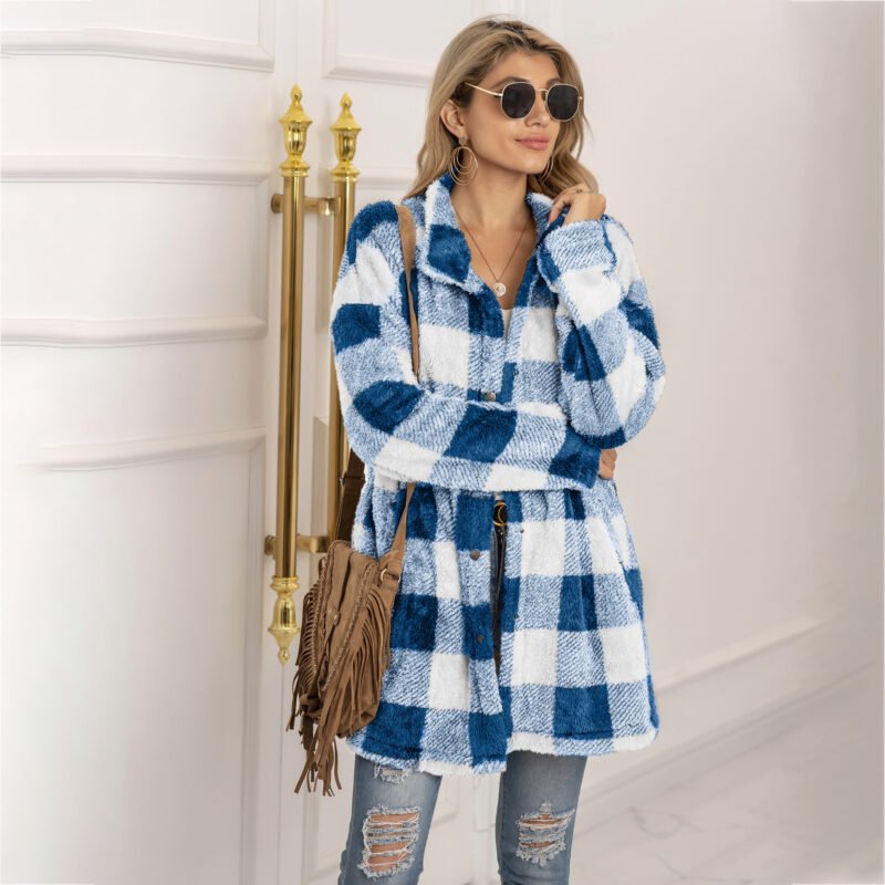 112C5799-651B-4Ce0-Bcfc-D873Fa5E4E25.Jpg Colorblock Plaid Fleece Jacket Fashion Single Breasted Long Jacket Women'S Clothing