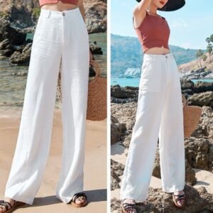 Loose And Thin Cotton And Linen Women'S Drape High-Waist Straight Long Pants