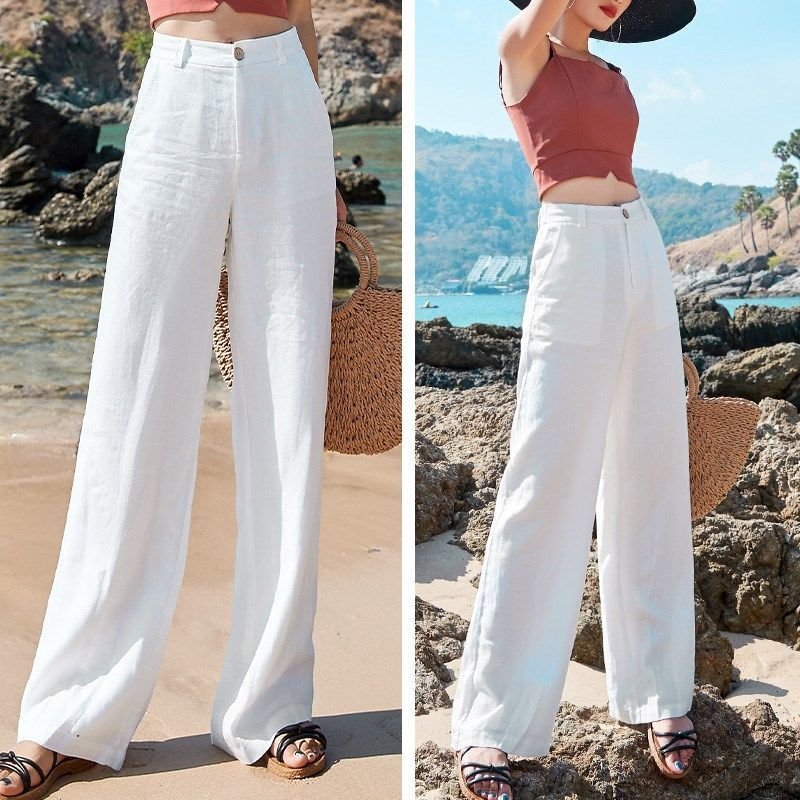 Loose And Thin Cotton And Linen Women'S Drape High-Waist Straight Long Pants