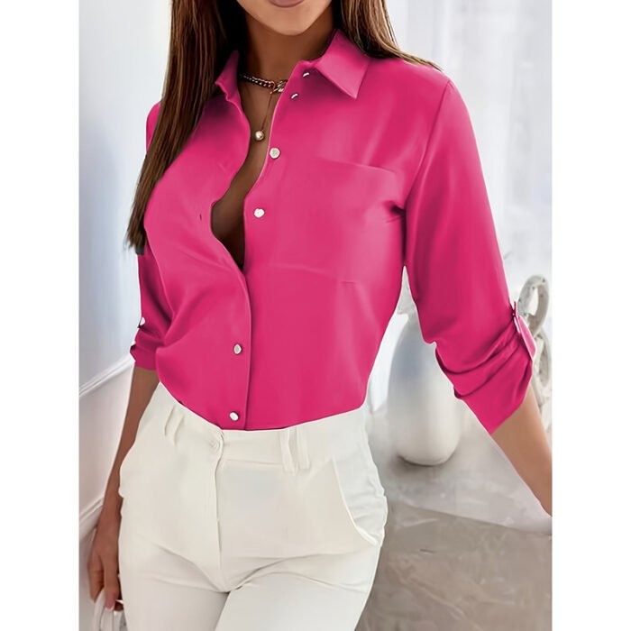 Womens Button Down Shirts V Neck Rolled Up Long Sleeve Tops Elegant Dressy Blouses Business Casual Outfits - Image 10
