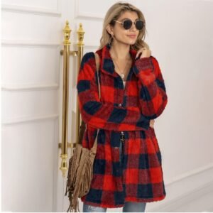 1328719227108.Jpg Colorblock Plaid Fleece Jacket Fashion Single Breasted Long Jacket Women'S Clothing