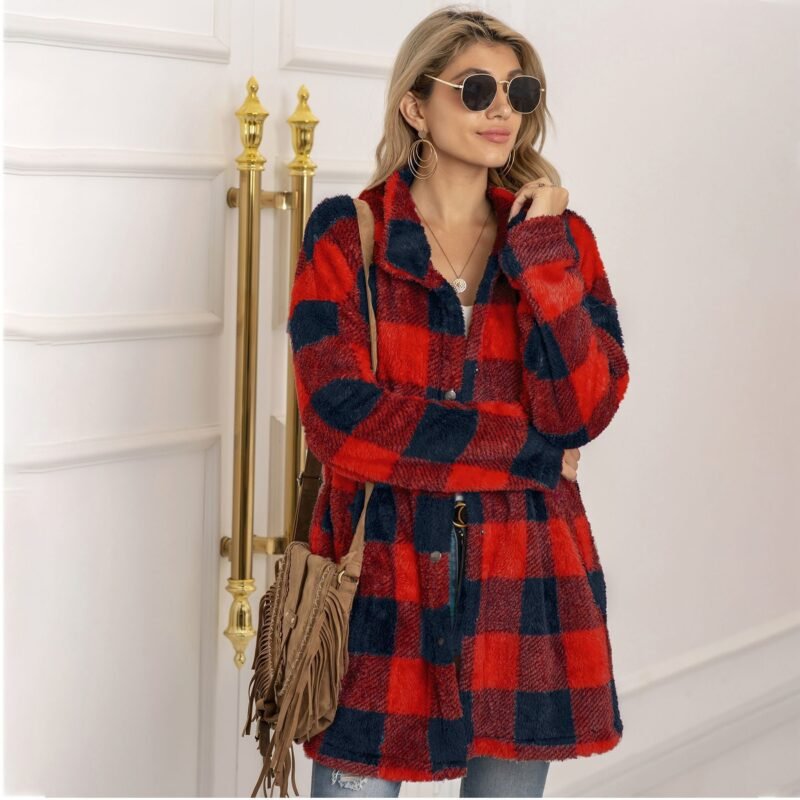 1328719227108.Jpg Colorblock Plaid Fleece Jacket Fashion Single Breasted Long Jacket Women'S Clothing
