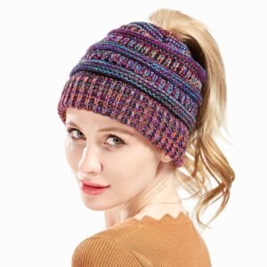 Mixed Color Knitted Wool Hat Ladies Non-Labeled Ponytail Hat