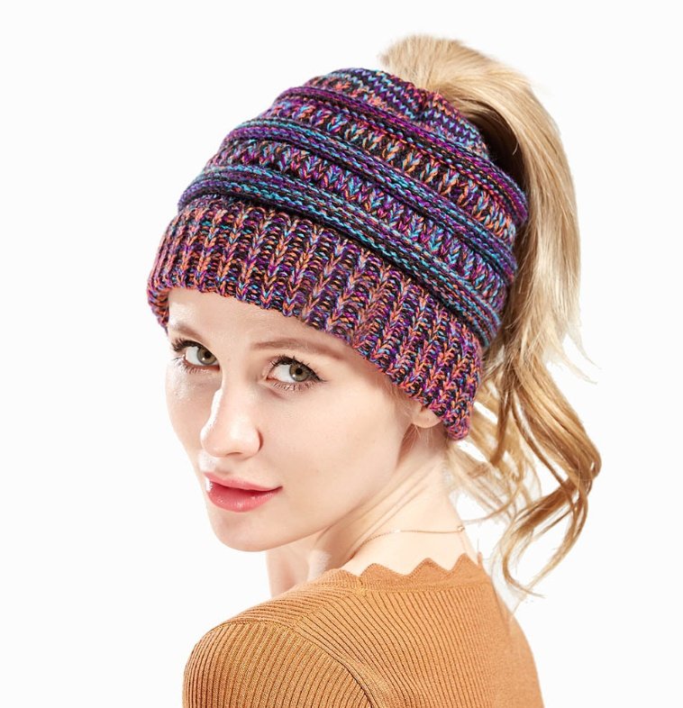 Mixed Color Knitted Wool Hat Ladies Non-Labeled Ponytail Hat