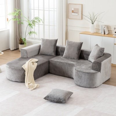 Modular Sectional Sofa With L-Shape Chaise,Cloud Sectional Modern Sleeper Couch With Deep Seat,Sponge Compression Sofas No Assembly Required   Grey-Corduroy Fabric