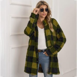 1616991800321.Jpg Colorblock Plaid Fleece Jacket Fashion Single Breasted Long Jacket Women'S Clothing