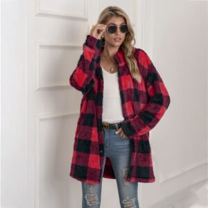 1623134812793.Jpg Colorblock Plaid Fleece Jacket Fashion Single Breasted Long Jacket Women'S Clothing