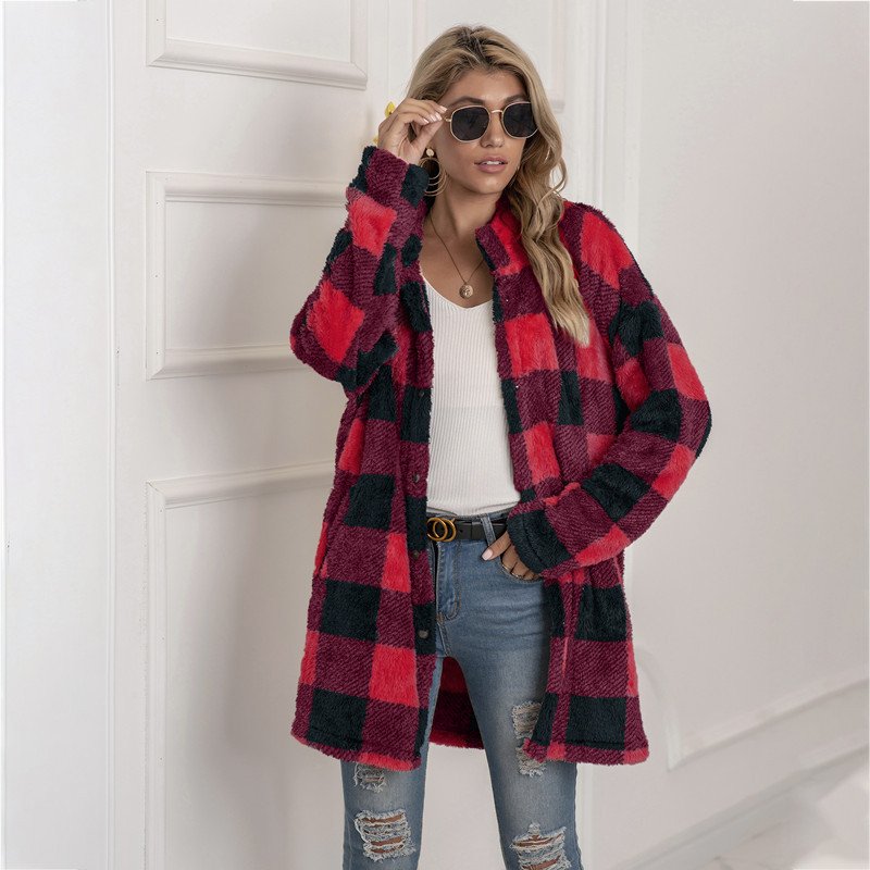 1623134812793.Jpg Colorblock Plaid Fleece Jacket Fashion Single Breasted Long Jacket Women'S Clothing