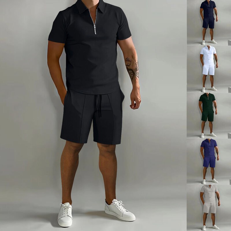 Men'S Shorts Suits Summer Short-Sleeved Polo Shirts And Drawstring Short Pants Fashion Set