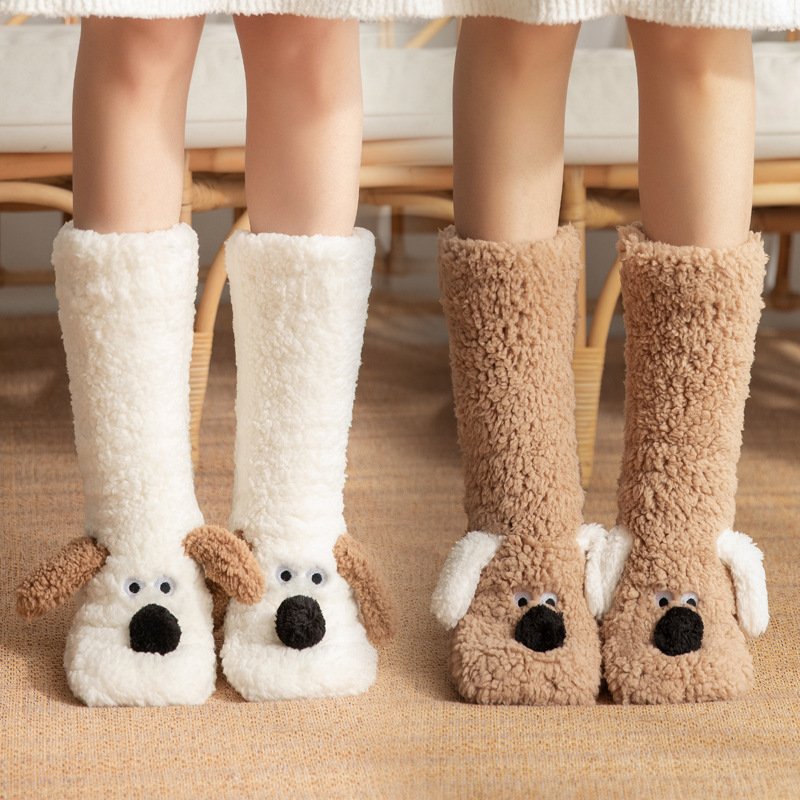 Cute Cartoon Dog Floor Socks Winter Warm Non-Slip Plush Socks For Women
