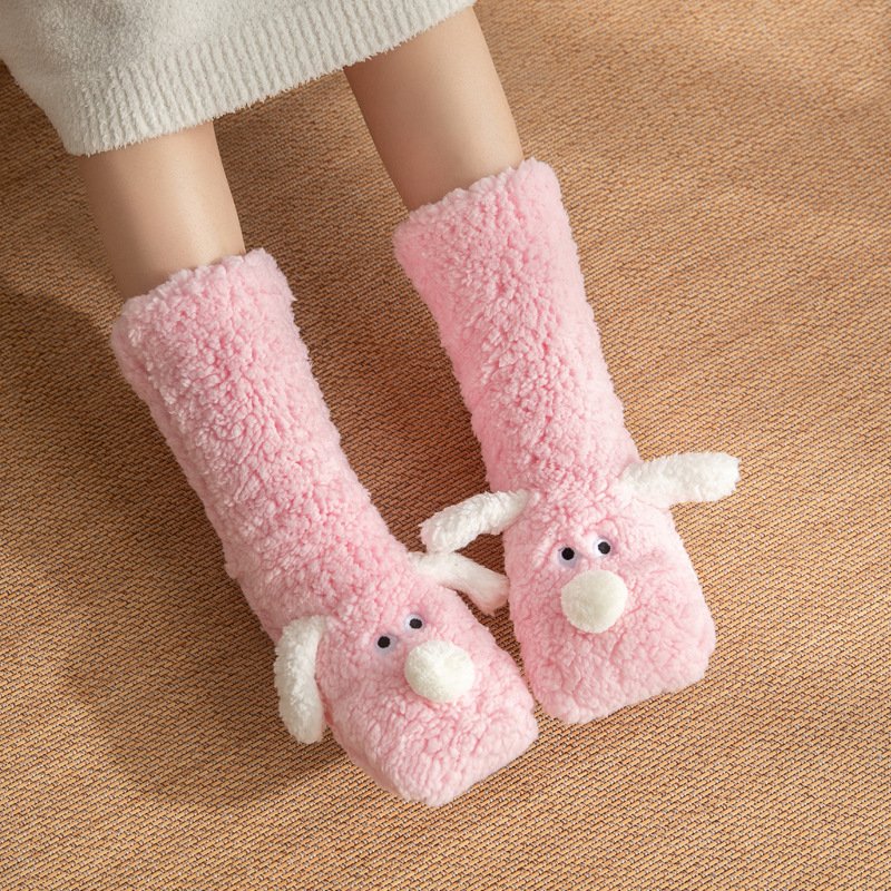 Cute Cartoon Dog Floor Socks Winter Warm Non-Slip Plush Socks For Women