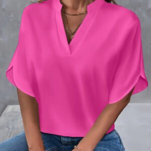 Lightweight Solid Color Notch Neck Blouse - Stylish Short Split Sleeves For Spring &Amp; Summer - Trendy Womens Casual Top