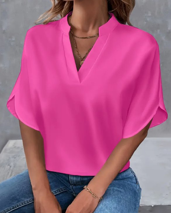 Lightweight Solid Color Notch Neck Blouse - Stylish Short Split Sleeves For Spring &Amp; Summer - Trendy Womens Casual Top