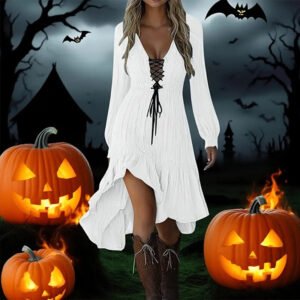 1911E5Dd-Becc-4B2E-B375-925B20E1C1D8.Jpg Women'S Solid Color Deep V-Neck Irregular Ruffle Hem Sexy Tie-Waist With Cuffed Sleeves Summer Gothic Lace Trim Midi Dress