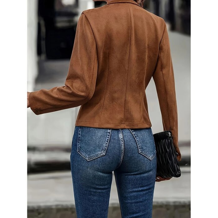 Women's Faux Suede Blazer - Long Sleeve Notch Lapel Open Front Jacket, Casual Business Office Blazer - Image 2