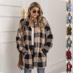 194921D4-0386-4721-B439-D523Bcfa266B.jpg Colorblock Plaid Fleece Jacket Fashion Single Breasted Long Jacket Women'S Clothing