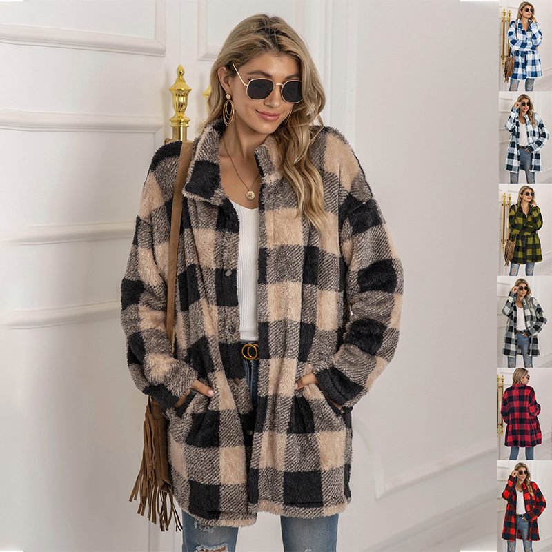 194921D4-0386-4721-B439-D523Bcfa266B.jpg Colorblock Plaid Fleece Jacket Fashion Single Breasted Long Jacket Women'S Clothing