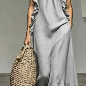 Resort Style Ruffled Halter Neck Sleeveless Maxi Dress - Loose Fit Flattering Flowy Skirt For Party Evening Gown