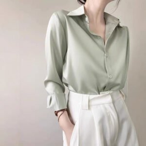 Women'S High-Grade Green Satin Shirt