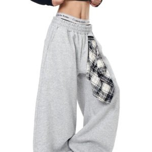 Retro Detachable Plaid Square Scarf Loose Wide-Leg Pants