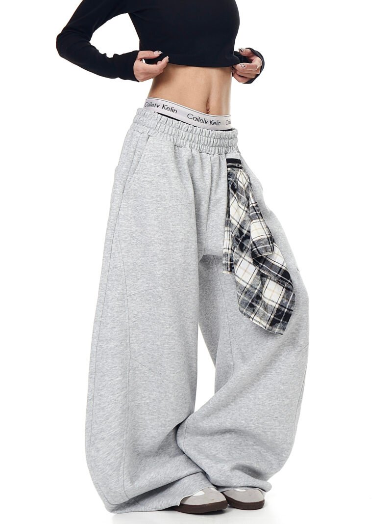 Retro Detachable Plaid Square Scarf Loose Wide-Leg Pants