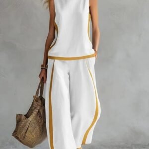 Summer Suits Round-Neck Sleeveless Vest Top And High-Waist Wide-Leg Pants Casual Loose Set