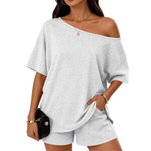 Womens 2-Piece Fashionable Casual Set Slant-Neck Top And Shorts  For Loungewear Daily Wear Work Gym Outfit