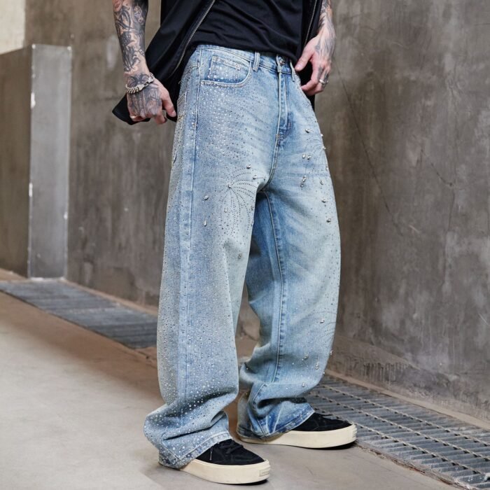 Men's High Street Washed Straight Full Diamond Design Jeans - Image 2