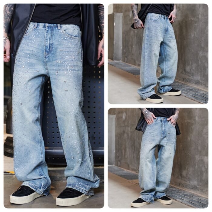 Men's High Street Washed Straight Full Diamond Design Jeans - Image 7