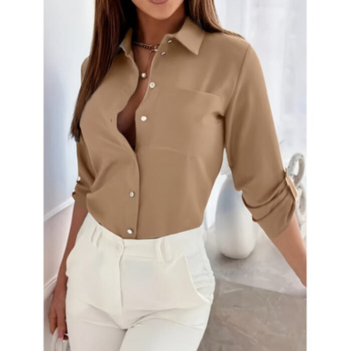Womens Button Down Shirts V Neck Rolled Up Long Sleeve Tops Elegant Dressy Blouses Business Casual Outfits - Image 9