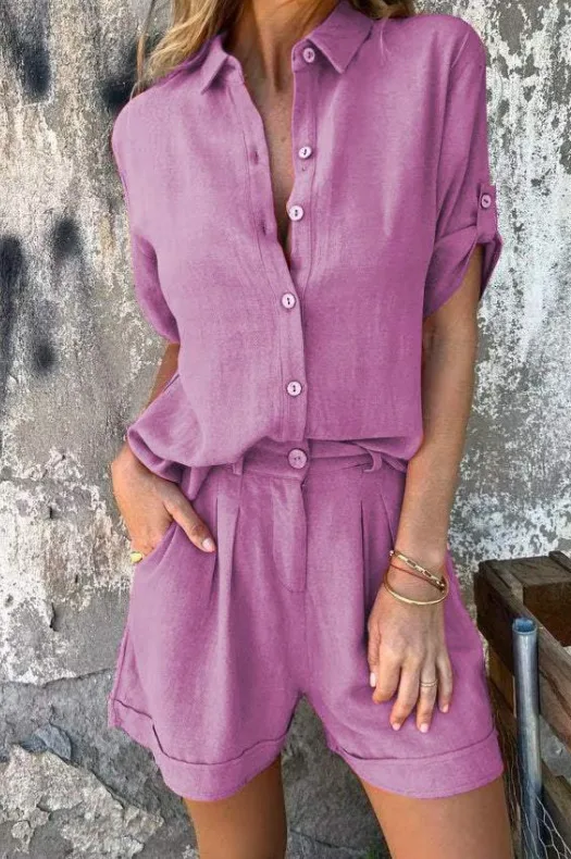 Short-Sleeved Suits Fashion Lapel Button Shirt Top And Pocket Shorts Women'S Clothing