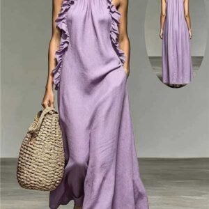 Resort Style Ruffled Halter Neck Sleeveless Maxi Dress - Loose Fit Flattering Flowy Skirt For Party Evening Gown