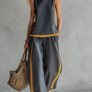 Summer Suits Round-Neck Sleeveless Vest Top And High-Waist Wide-Leg Pants Casual Loose Set
