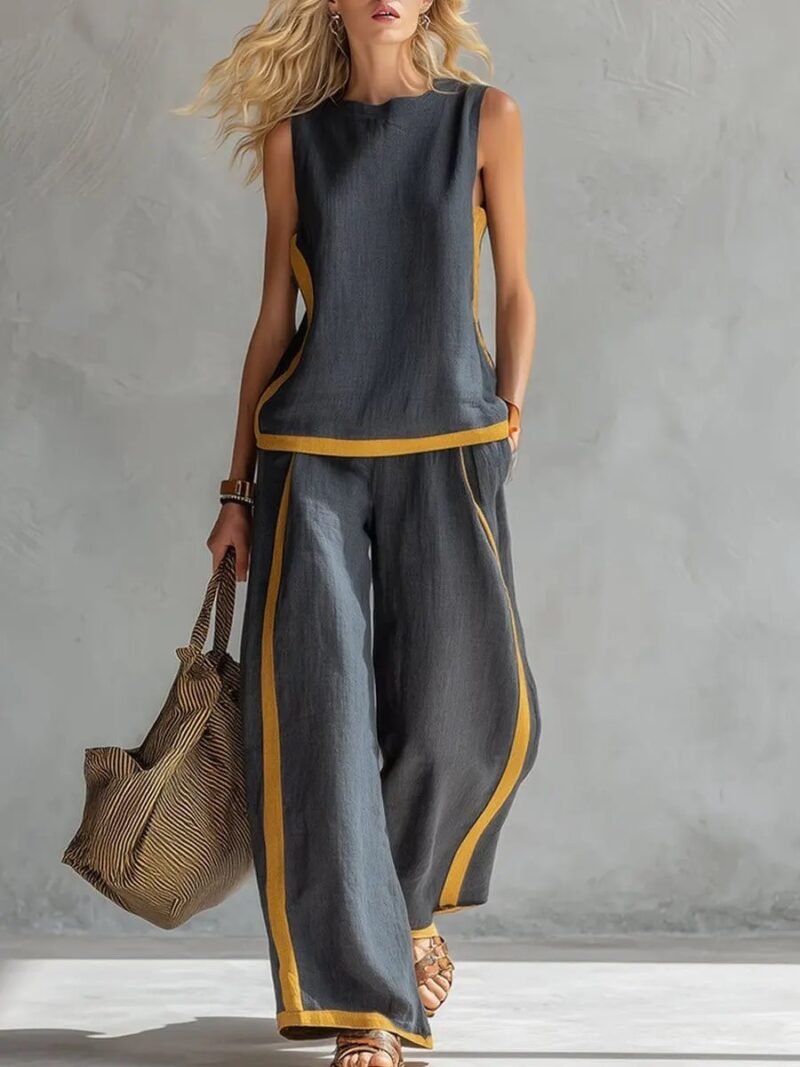 Summer Suits Round-Neck Sleeveless Vest Top And High-Waist Wide-Leg Pants Casual Loose Set