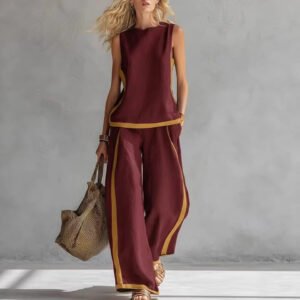Summer Suits Round-Neck Sleeveless Vest Top And High-Waist Wide-Leg Pants Casual Loose Set