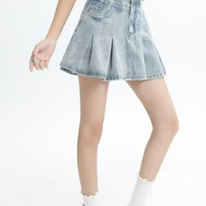 Retro Denim Skirt Summer A- Line Pleated Skirt