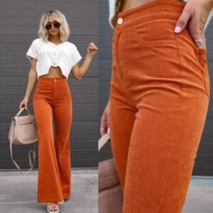 Solid Color Mid-Waist Slim-Fit Micro Flared Pants Corduroy