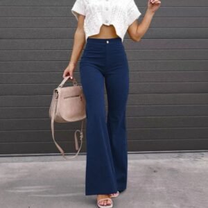 Solid Color Mid-Waist Slim-Fit Micro Flared Pants Corduroy